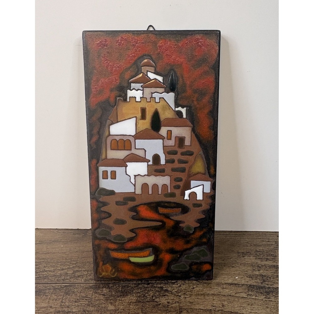 Handmade Hand Painted Greek Village Ceramic Tile Wall Art Greece 4" X 8"
